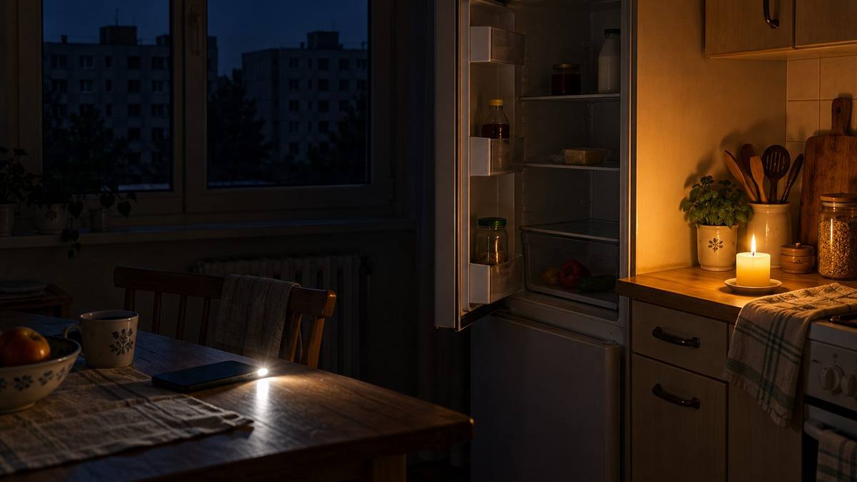 Keuken bij stroomuitval, alleen licht van een kaars en een telefoon